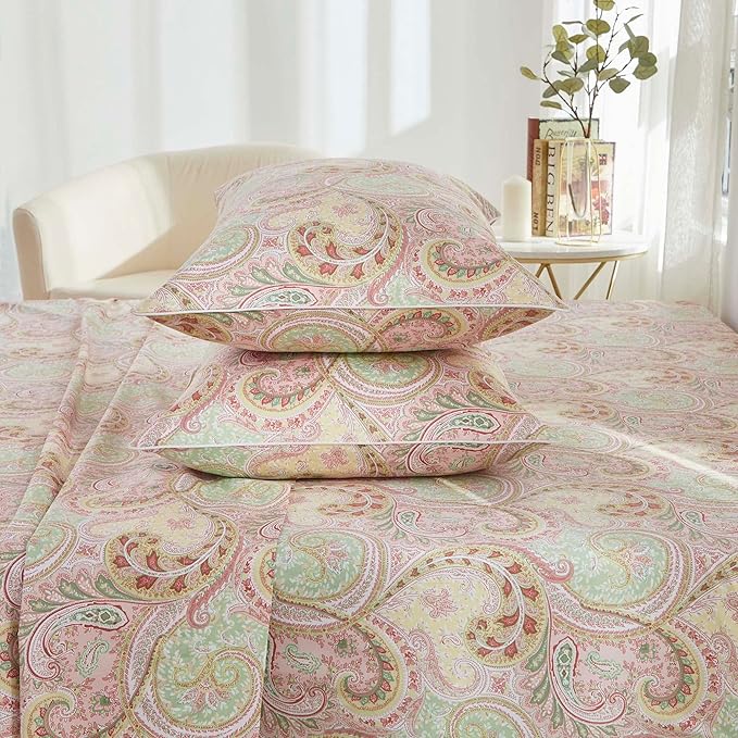 Brandream Bed Sheet King Size Boho Paisley Bedding Pink Watercolor Farmhouse Sheets Set Luxury Bedding Collections 800 Thread Count 100% Egyptian Cotton Deep Pocket, 4 Piece