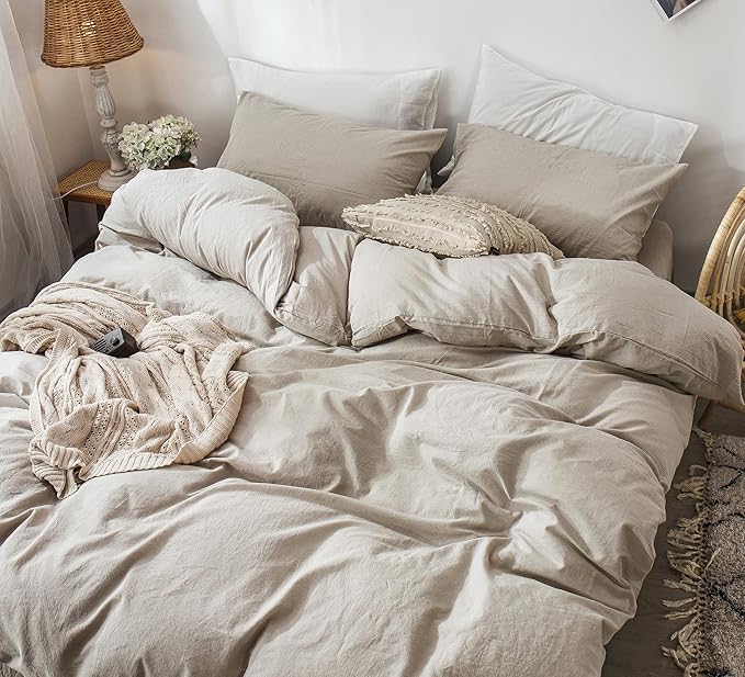 MooMee Bedding Duvet Cover Set 100% Washed Cotton Linen Like Textured Breathable Durable Soft Comfy (Heathered Tannish Linen Grey, King 104"x90")