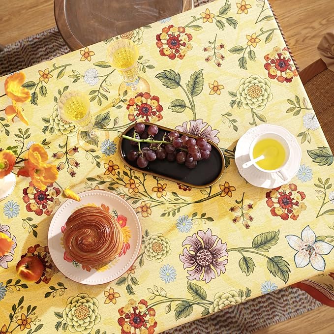 Vintage Linen Small Tablecloth for Square Table,Yellow Floral French Wrinkle Free Tablecloths,Decorative Table Cover for Kitchen,Dining,Thanksgiving,Farmhouse,55" × 55"-Bellano