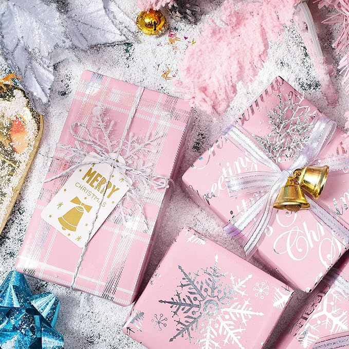 WRAPAHOLIC Christmas Wrapping Paper Roll - Mini Roll - 3 Rolls - 17 Inch X 120 Inch Per Roll - Pink with Silver Metallic Foil Snowflake, Plaid, Merry Christmas Lettering