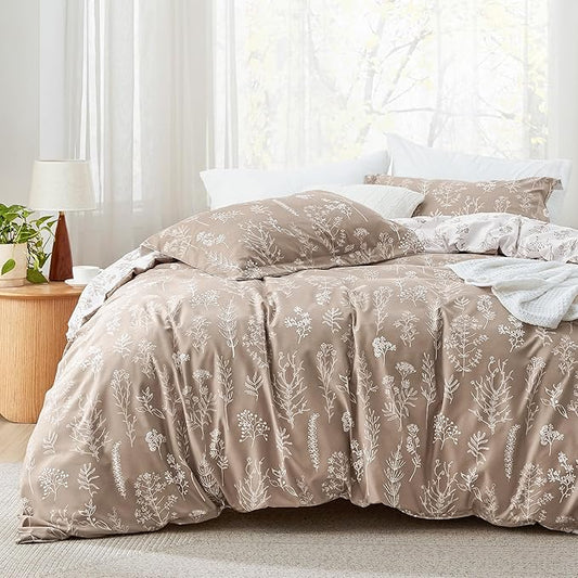 Bedsure Duvet Cover Queen Size - Reversible Light Taupe Queen Duvet Cover Set with Zipper Closure, 3 Pieces Floral Patterned Bedding Set with 8 Corner Ties and 2 Pillow Shams