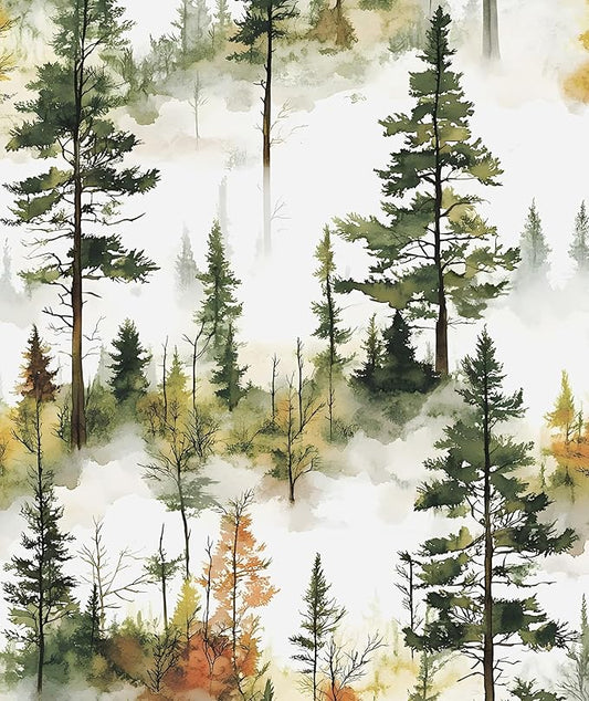 Autumn Forest Wallpaper Peel and Stick, Green/Yellow Pine Trees Contact Paper,Woodland Landscape Wall Mural Self Adhesive Waterproof Removable for Bathroom Shelves Cabinet Drawer Table 17.5" x 118"