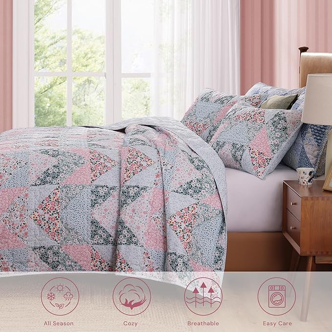 Quilt Set King Size, Patchwork Pink Floral Quilt Sets, Reversible Bedspread Lightweight and Breathable for All Seasons, Soft Quilted Bedspread with 2 Pillow Shams