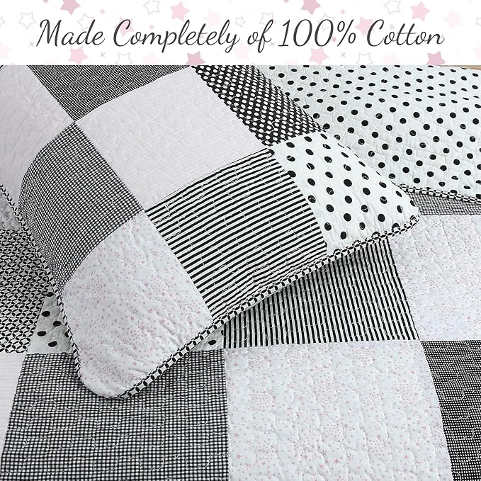 Cozy Line Home Fashions Black White Pink Polka Dots Striped Star Girl 100% Cotton Reversible Quilt Bedding Set, All-Season Coverlet Bedspread (Black Pink, Queen - 2 Piece)