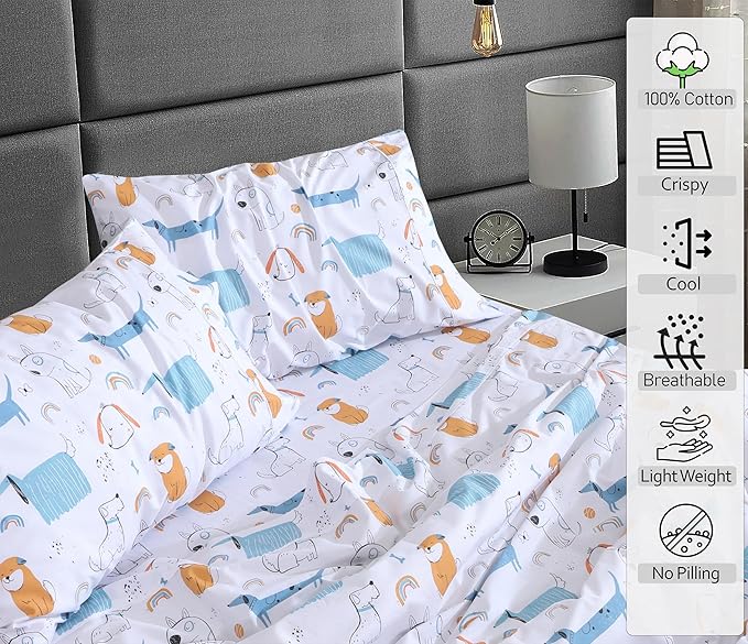 RUVANTI 100% Cotton Twin XL Sheet Sets, 3 Pieces, Soft & Breathable Percale Weave Bedding, Deep Pocket 16", Hotel Standard, Crisp Cool Feel, Durable, Perfect Size Floral Sheets, Puppy Me