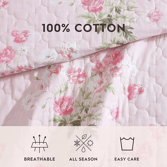 Laura Ashley - King Quilt Set, Reversible Premium Bedding with Matching Shams, Coquette Room Decor (Veronicas Bouquet Pink, King)