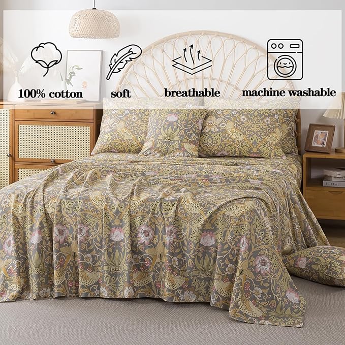 FADFAY 100% Cotton Twin Bed Sheet Set, 4 Piece Gray Vintage Floral Bird Print Bedding, Soft Breathable Cooling Sheets, Deep Pocket Fitted Sheet, Flat Sheet & Pillowcases, All Season Cotton Bedding
