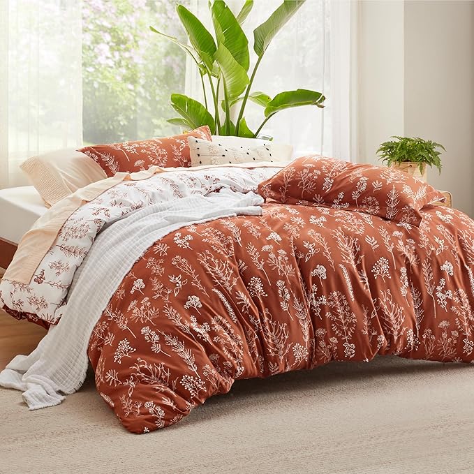 Bedsure Duvet Cover Full Size - Reversible Terracotta Full Duvet Cover Set with Zipper Closure, 3 Pieces Cute Floral Botanical Bedding Set with 8 Corner Ties and 2 Pillow Shams