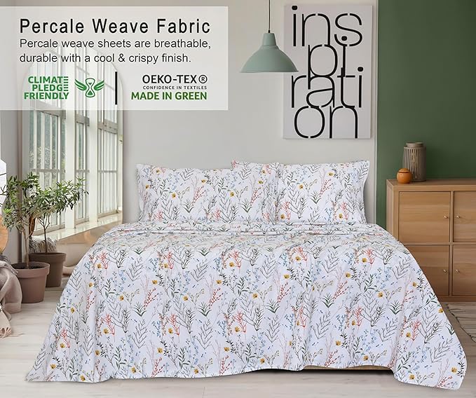 RUVANTI 100% Cotton Twin Sheets Set, 3 Pieces, Soft & Breathable Percale Weave Bedding, Deep Pocket 16", Hotel Standard, Crisp Cool Feel, Durable, Perfect Floral Bed Sheet, Aroma