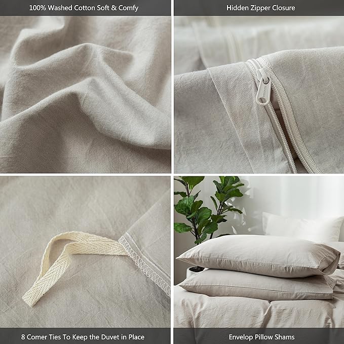MooMee Bedding Duvet Cover Set 100% Washed Cotton Linen Like Textured Breathable Durable Soft Comfy (Heathered Cream Grey, Full 80"x90")