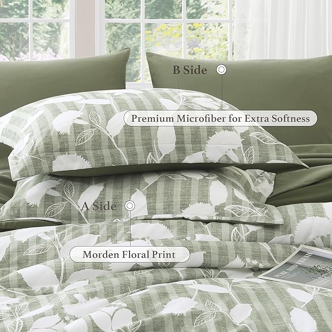 Queen Comforter Set -7 Pieces Sage Green Floral Comforter Set for All Seasons, Bed in a Bag Queen with Botanical Flowers Comforter, Sheets, Pillowcases & Shams