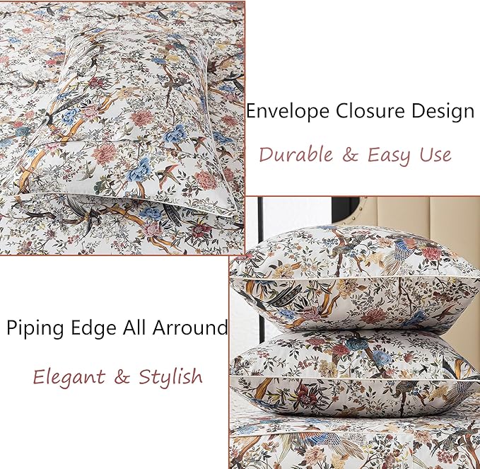 FADFAY Sheets Set Twin Botanical Bird Floral Bed Sheets Set Vintage Mocha Mousse Farmhouse Bedding Shabby Branches Bedding 100% Egyptian Cotton Breathable Soft 17.7" Deep Pocket 4Pcs, Twin Size