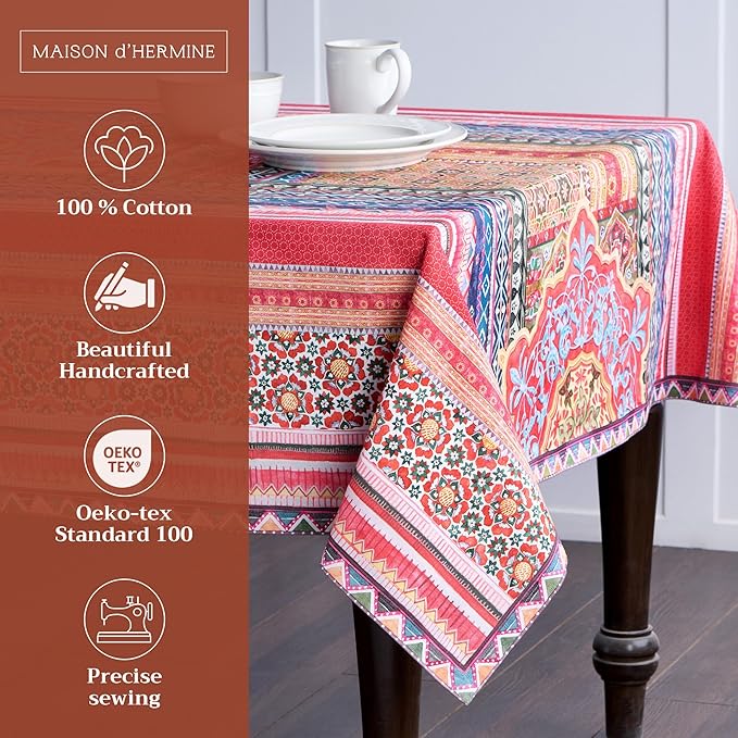 Maison d' Hermine Table Cloth Rectangle Table 100% Cotton 60 x 108 Inches Fall Tablecloth Reusable Everyday Use for Thanksgiving Christmas Decorations Dining Farmhouse Party (Ispahan)