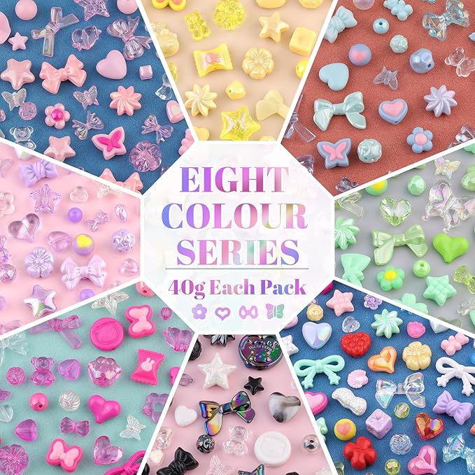 Assorted 500-550PCS 8 Mixed Colors Acrylic Beads for Bracelet Making, Flower Bow Butterfly GummyBear Aesthetic Bracelet Bead,Cute Beads for Jewelry Making DIY Necklace Keychain Phone Charm