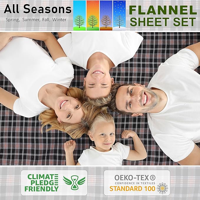 RUVANTI Flannel Sheets Twin XL Size - 100% Cotton Double Brushed Twin XL Sheet Sets, Deep Pockets 16 Inches, All Seasons Breathable & Extra Soft Bed Sheets, Warm & Cozy, 3 Piece, Peach & Black Plaid
