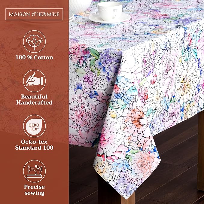 Maison d' Hermine Table Cloth Square Table 100% Cotton 60 x 60 Inches Tablecloth Reusable Decorative Everyday Use for Dining Room, Farmhouse, Home, Party, Festive & Wedding Spring Summer - Floral Love