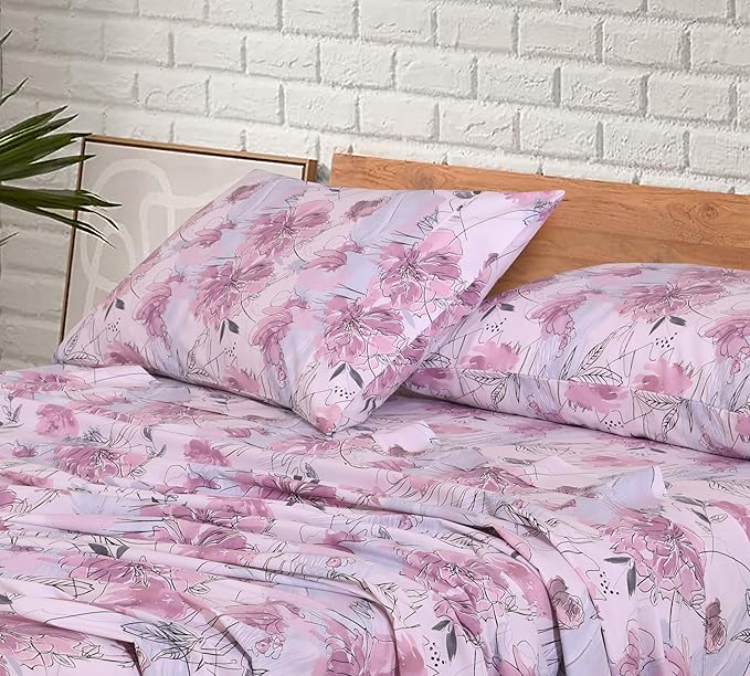 RUVANTI 100% Cotton California King Sheet Sets, 4 Pieces, Soft & Breathable Percale Weave Bedding, Deep Pocket 14", Hotel Standard, Crisp Cool Feel & Durable, Perfect Floral Sheets, Lilac Floral