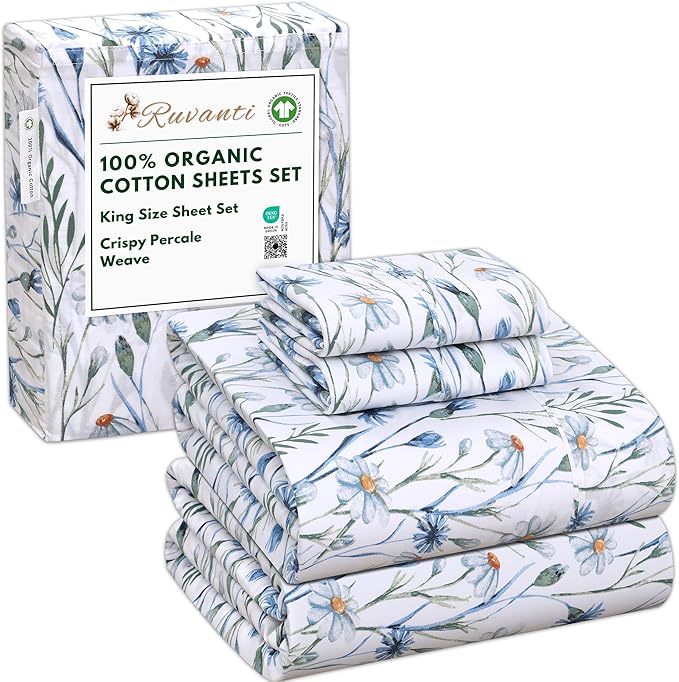 RUVANTI 100% Organic Cotton Sheets King Size, Percale Weave, GOTS Certified, 4-Piece Set, Deep Pocket 15", Crisp & Breathable, Soft Durable Bedding, Sábanas Algodón Orgánico – Daisy Bud