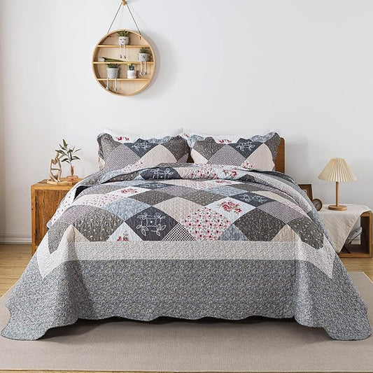 HoneiLife King Quilt Bedding Set - 3 Pieces Microfiber Quilt Sets Lightweight Bedspreads Reversible Coverlets Retro Bed Cover Quilt King Size All Season Quilts-Grey