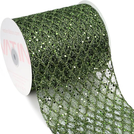 VATIN 6" Moss Green Christmas Ribbon, Green Glitter Mesh Diamond Web Sequin Dots Wired Christmas Ribbon for Gift Wrapping Bow Making Wreath Supply-10 Yards