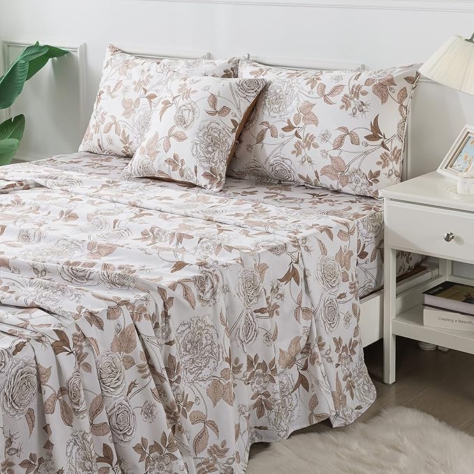 FADFAY Sheets Set Vintage White and Brown Floral Bedding Elegant Peony Sheets Shabby Rose Farmhouse Bedding 100% Egyptian Cotton 800 Thread Count Deep Pocket Fitted Sheet 4Pcs, California King Size