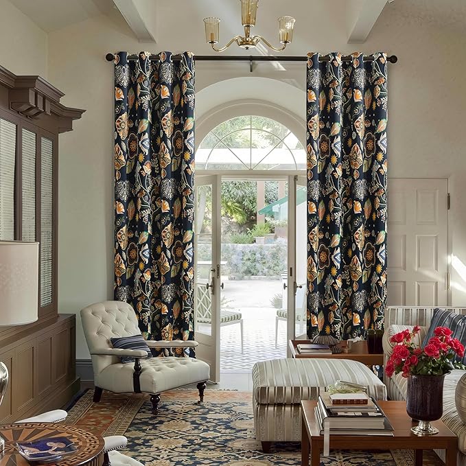 XiDi Navy Blue Blackout Curtains 90 Inches Long with Vintage Floral Leaf Patterned for Bedroom 2 Panels Room Darkening Thermal Insulated Mid Century Modern Curtains Grommet Drapes Home Decor 52x90