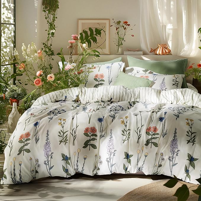 Bedsure Twin/Twin XL Comforter Set - Twin Extra Long Comforter Set, Cute Floral Dorm Bedding, 2 Pieces, 1 Soft Reversible Coconut White Botanical Flowers Comforter and 1 Pillow Sham