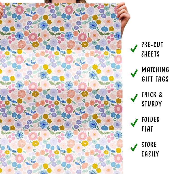 CENTRAL 23 Floral Wrapping Paper - Pastel Colorful Flowers - 6 Sheets Of Gift Wrap For Women - White Wrapping Paper For Birthday Baptism Baby Shower - Recyclable