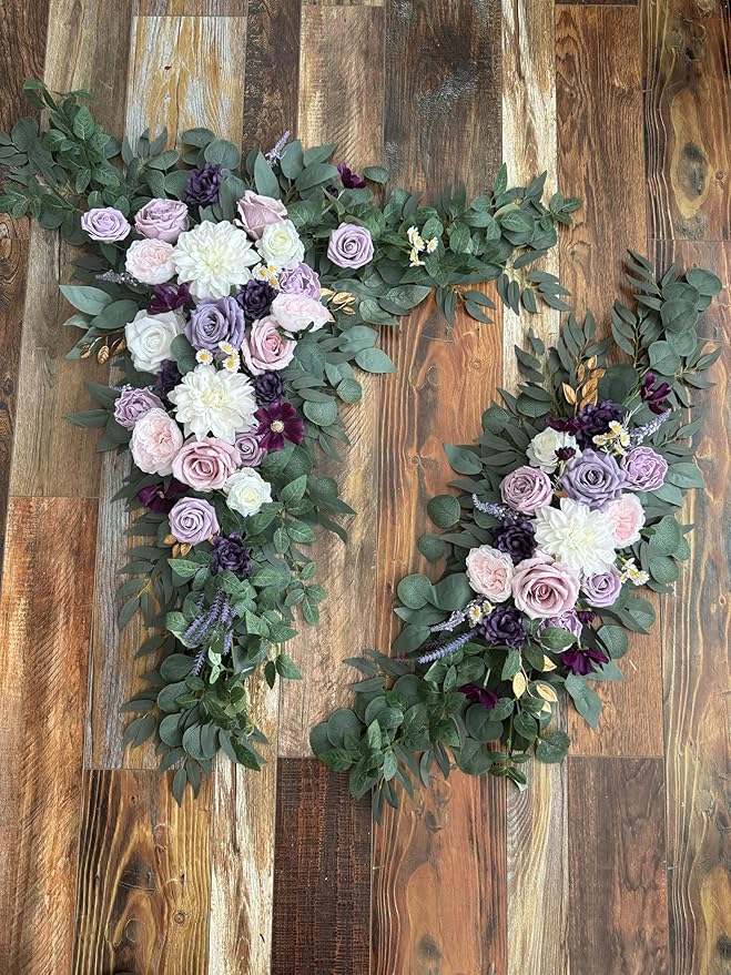 Wedding Arch Flowers Kit (Pack of 5) 2pcs Purple Artificial Floral Swag and 3pcs Draping Fabric for Wedding Flower Arch Decor Ceremony Arbor Reception and Backdrop (Lilac and White)