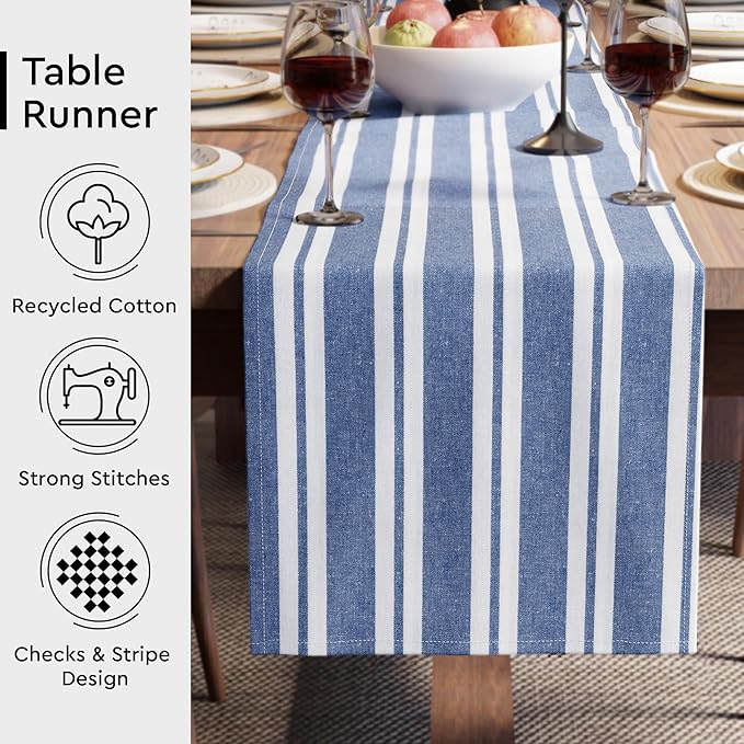 Encasa XO Cotton Dining Table Runner | Franca Blue Stripes | Size 13x72 in - Machine Washable & Durable