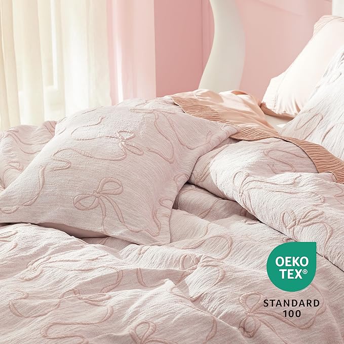 Bedsure Pink Duvet Cover King Size with Bowknot Jacquard Design, Soft and Elegant Boho Bedding Set, Luxurious Craftsmanship for a Stylish Bedroom,Includes 1 104"x90" Duvet Cover & 2 Pillow Shams