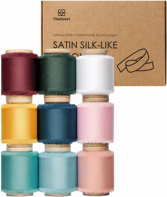 Vitalizart Silk Satin Ribbon 1-1/2 Inch x 45 Yard Rainbow Assorted Color Handmade Frayed Ribbons for Gift Wrapping Baby Shower Wedding Bridal Bouquets Holiday Decor 9 Rolls x 5 Yard