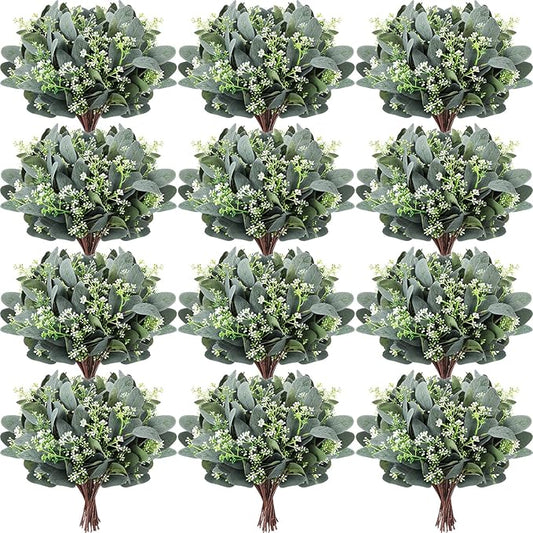 Janinka 60 Pcs Mixed Eucalyptus Leaves Stems Bulk Artificial Eucalyptus Leaves with White Seeds Artificial Silver Dollar Sprays Faux Oval for Floral Wreath Bouquets Wedding Greenery Decoration