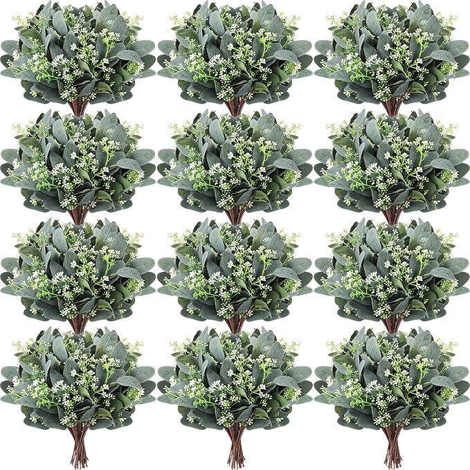 Janinka 100 Pcs Mixed Eucalyptus Leaves Stems Bulk Artificial Eucalyptus Leaves with White Seeds Artificial Silver Dollar Sprays Faux Oval for Floral Wreath Bouquets Wedding Greenery Decoration