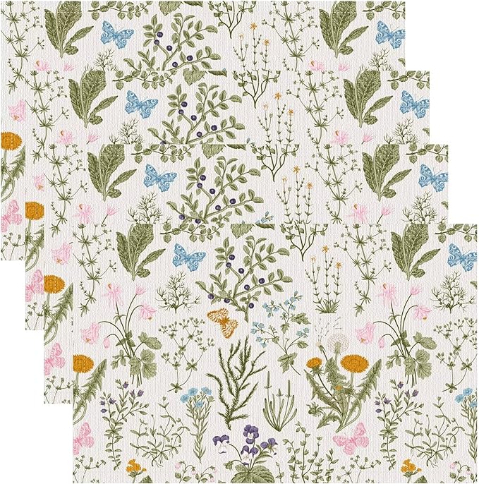 Botanical Placemats Set of 6, 17x12 Inch Butterfly Green Leaf Colorful Wildflower Vintage Rustic Style Table Mats for Home Party Kitchen Dining Decor