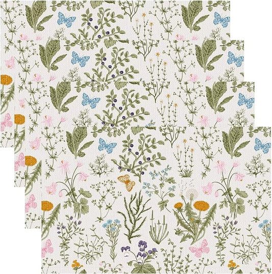 Botanical Placemats Set of 6, 17x12 Inch Butterfly Green Leaf Colorful Wildflower Vintage Rustic Style Table Mats for Home Party Kitchen Dining Decor