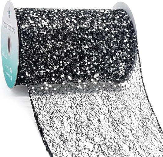 CT CRAFT LLC Sparkling Glitter Mesh Wired Ribbon 6" x 10 Yards Black for Christmas Home Decor Bow Gift Wrapping DIY Crafts Wreath