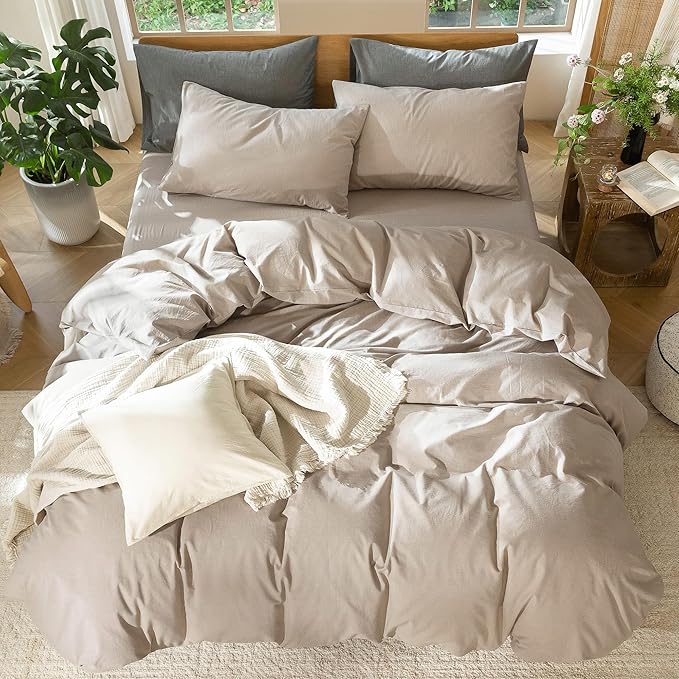 MooMee Bedding Duvet Cover Set 100% Washed Cotton Linen Like Textured Breathable Durable Soft Comfy (Heathered Taupe, Full 80"x90")