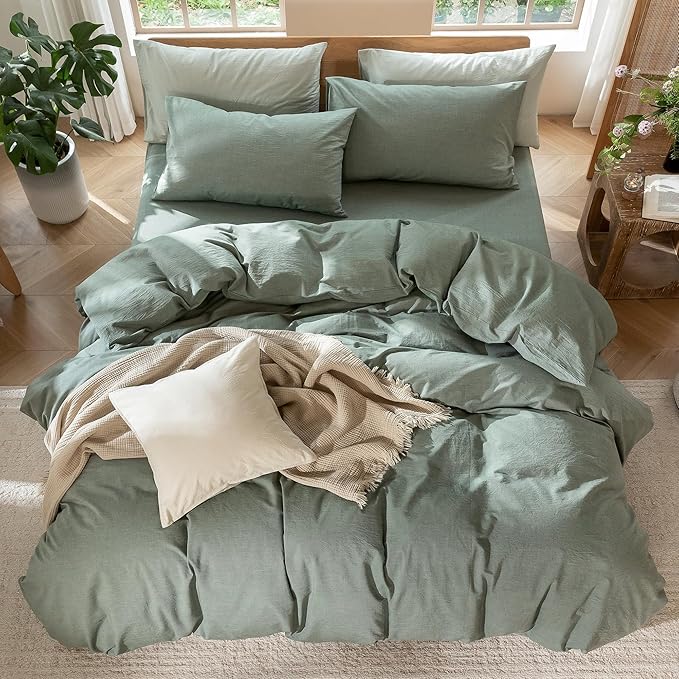 MooMee Bedding Duvet Cover Set 100% Washed Cotton Linen Like Textured Breathable Durable Soft Comfy (Heathered Green, Oversized Full 82"x86")