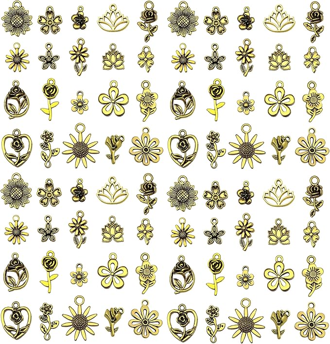 WOCRAFT 60pcs Antique Gold Flowers Bracelet Charms for Jewelry Making Sets DIY Necklace Bracelet Keychain Crafting Charms Kit Craft Supplies (SN876)