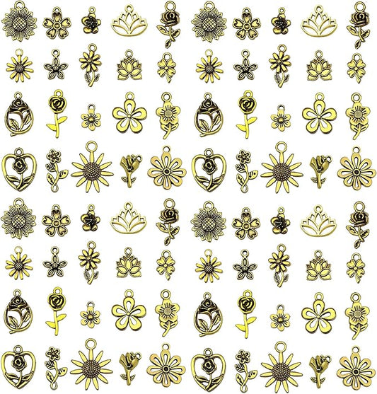 WOCRAFT 60pcs Antique Gold Flowers Bracelet Charms for Jewelry Making Sets DIY Necklace Bracelet Keychain Crafting Charms Kit Craft Supplies (SN876)