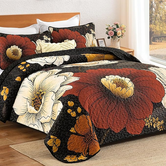 Dintszyayue Black Quilt Set King, 3 Pieces Red Floral Bedspreads Lightweight Coverlet Set for All Seasons, Reversible Quilted Printed Bedding Set with 2 Pillow Shams