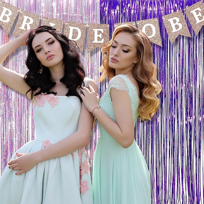 BRAVESHINE 1 Purple 1 Pink Streamers Party Backdrop - 3.2 ft x 8.2 ft Metallic Tinsel Foil Fringe Curtains for Hunters/Christmas/Girl/Women/Birthdays/Engagement/Bridal Shower/Bachelorette Decorations