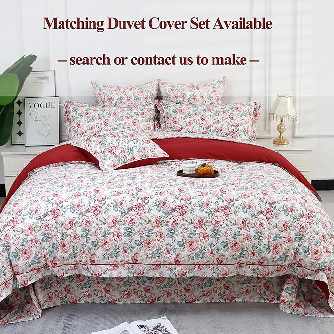 FADFAY Rose Floral Sheets Set Twin XL Vintage Red Floral Bedding Shabby Rose Sheets French Country Farmhouse Bedding 800 Thread Count 100% Egyptian Cotton Deep Pocket Fitted Sheet 4Pcs, Twin XL Size