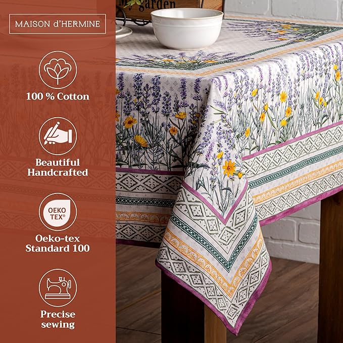 Maison d' Hermine Table Cloth Rectangle Table 100% Cotton 70 x 108 Inches Tablecloth Reusable Decorative for Dining Room, Farmhouse, Home, Party, Festive & Wedding Spring Summer - Fanny Lavender