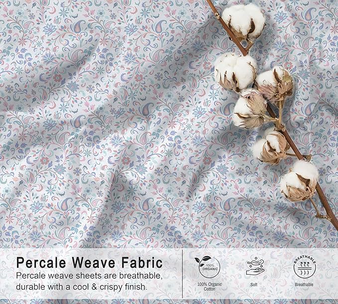 RUVANTI 100% Organic Cotton Sheets Split King, Percale Weave, GOTS Certified, 5-Piece Set, Deep Pocket 15", Crisp & Breathable, Soft Durable Bedding, Sábanas Algodón Orgánico – Multi Paisley