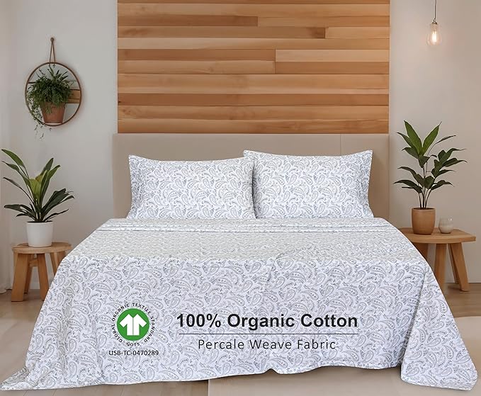 RUVANTI 100% Organic Cotton Sheets Twin Size, Percale Weave, GOTS Certified, 3-Piece Set, Deep Pocket 15", Crisp & Breathable, Soft Durable Bedding, Sábanas Algodón Orgánico – Ornate Oasis