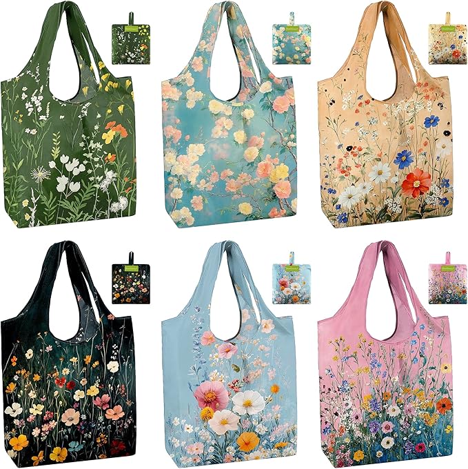 BeeGreen Flower Reusable Shopping Bags Cute Grocery Bag 6 Pack, Christmas Gift Bags Heavy-Duty Foldable Shopping Totes for Supermarket, Work & Travel, Large Washable Polyester Tote Bag with Handles