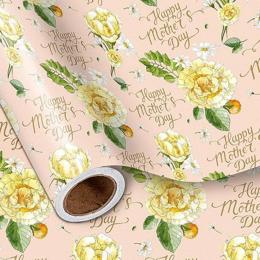 LeZakaa Mother's Day Wrapping Paper Roll, Happy Mother's Day Lettering, Yellow Floral Party Gift Wrap for Women, Mom, 17 inches x 16.4 Feet (23.2 sq.ft.)