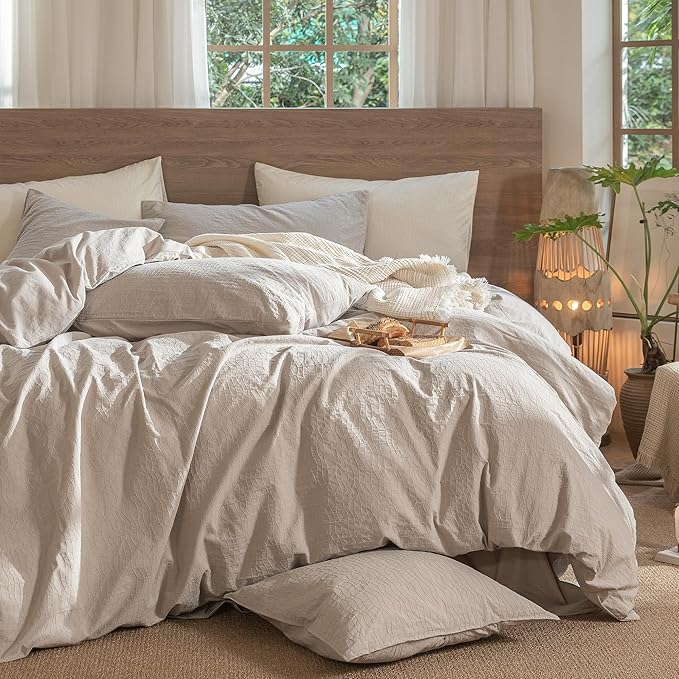 MooMee Wavy Striped Duvet Cover Set 100% Washed Cotton Linen Like Textured Breathable Durable Soft Comfy (Beige, Oversized Queen 98"x98")
